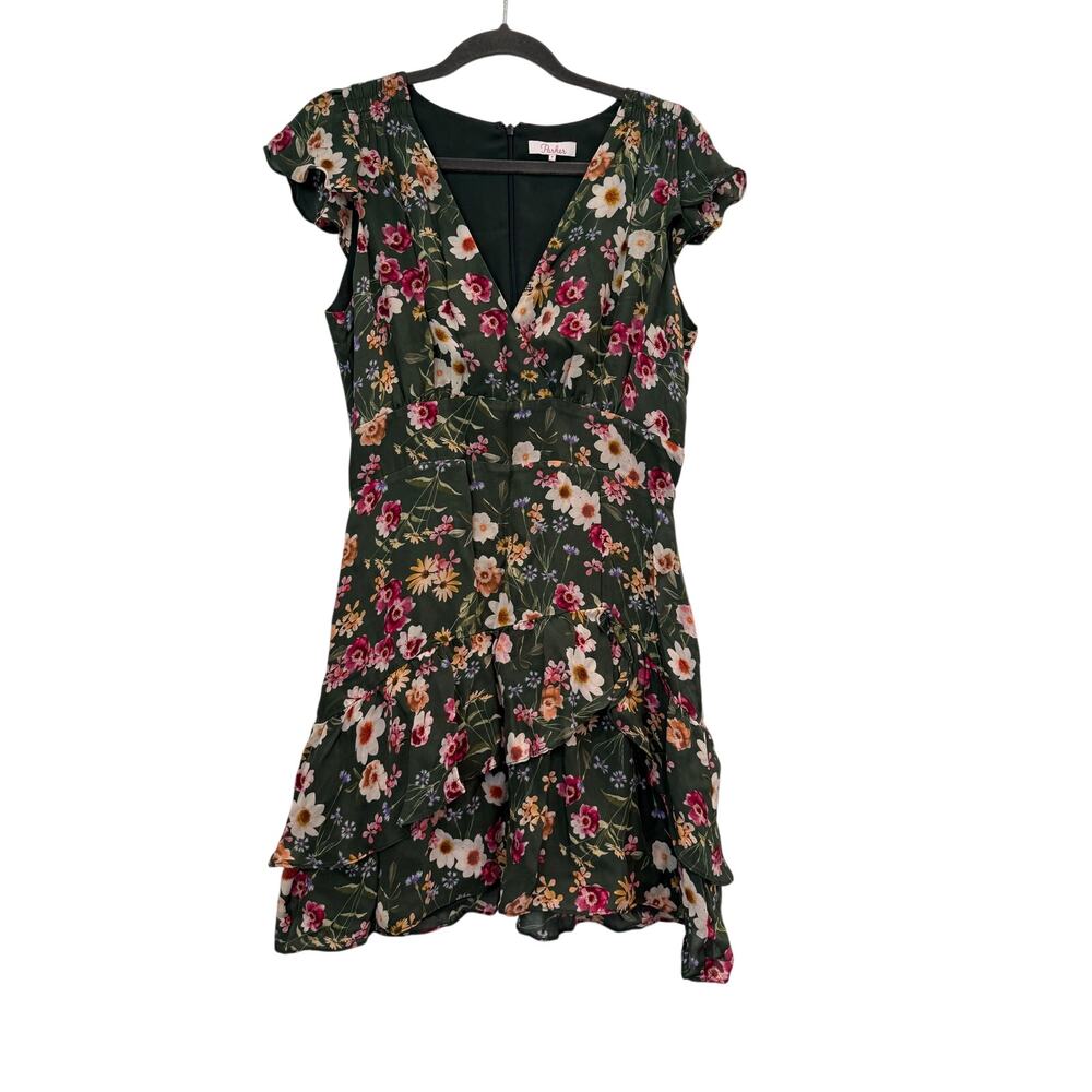 Parker Sloane Green Floral Wrap Mini Dress Flutter Sleeve Tiered Ruffle Sz 8